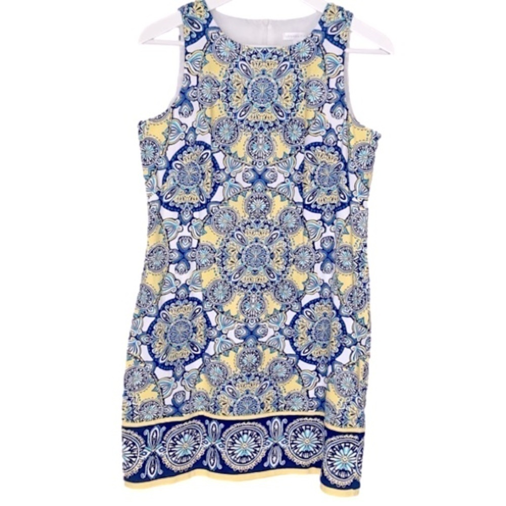 LONDON TIMES Shift Dress Sleeveless Geometric Blue Yellow Women Size 6